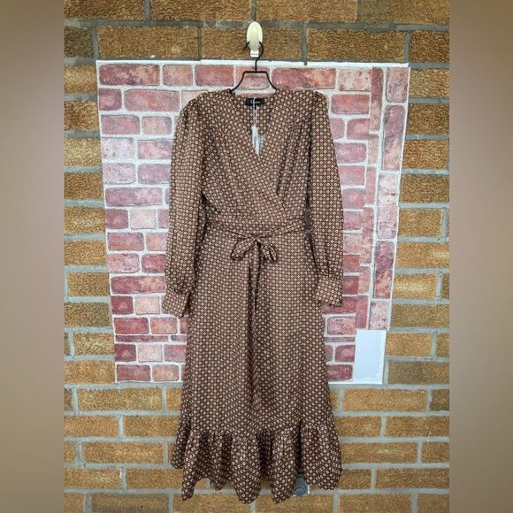 ROSEDRESS VINTAGE FLORAL PRINTED LONG SLEEVE RUFFLE WRAP MIDI DRESS - COFFEE L - Picture 8 of 17